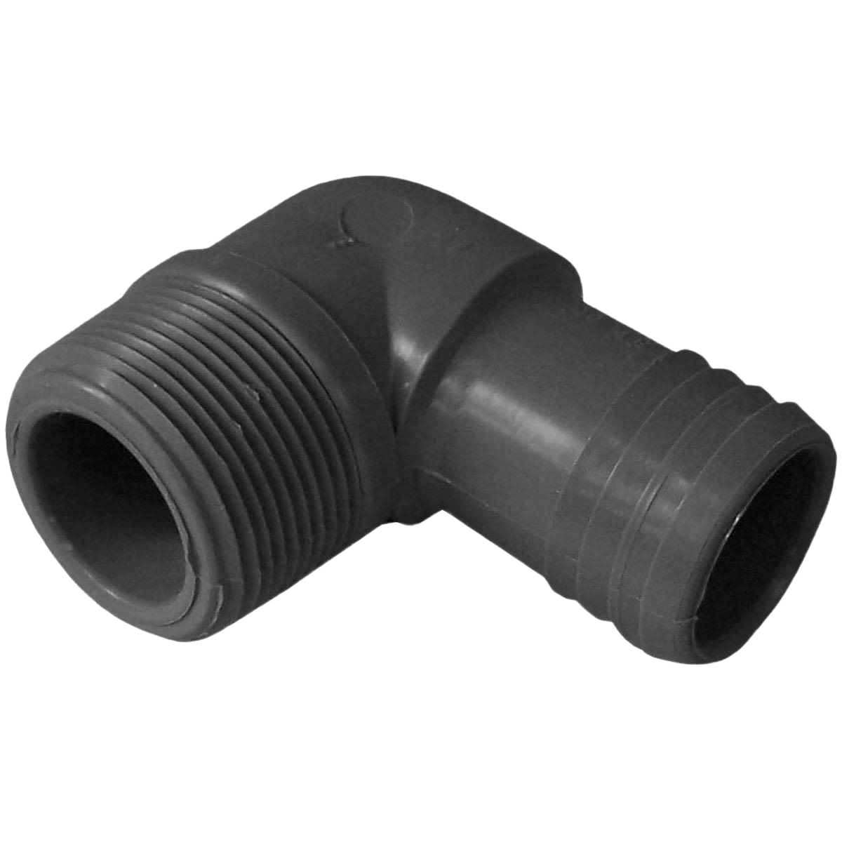 Black polypropylene 1-1/2 inch male 90-degree insert elbow pipe fitting for plumbing and irrigation projects under $50