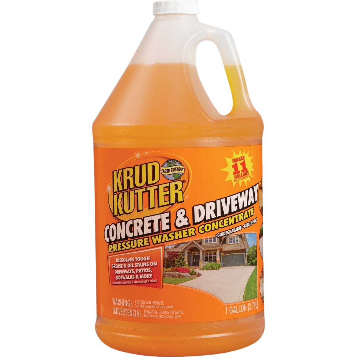 One gallon jug of orange Krud Kutter concrete and driveway cleaner concentrate for home improvement tasks