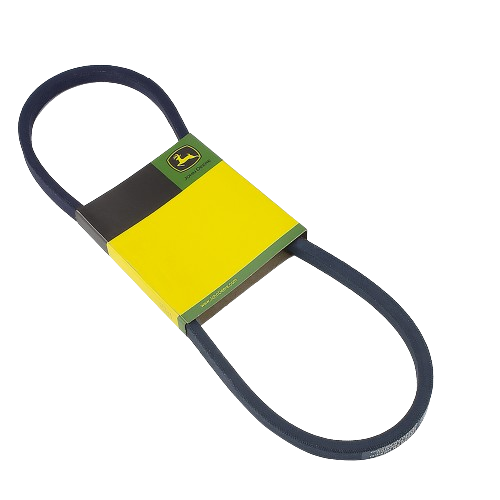 Black rubber drive belt with John Deere branded yellow and green packaging for tools and home improvement projects