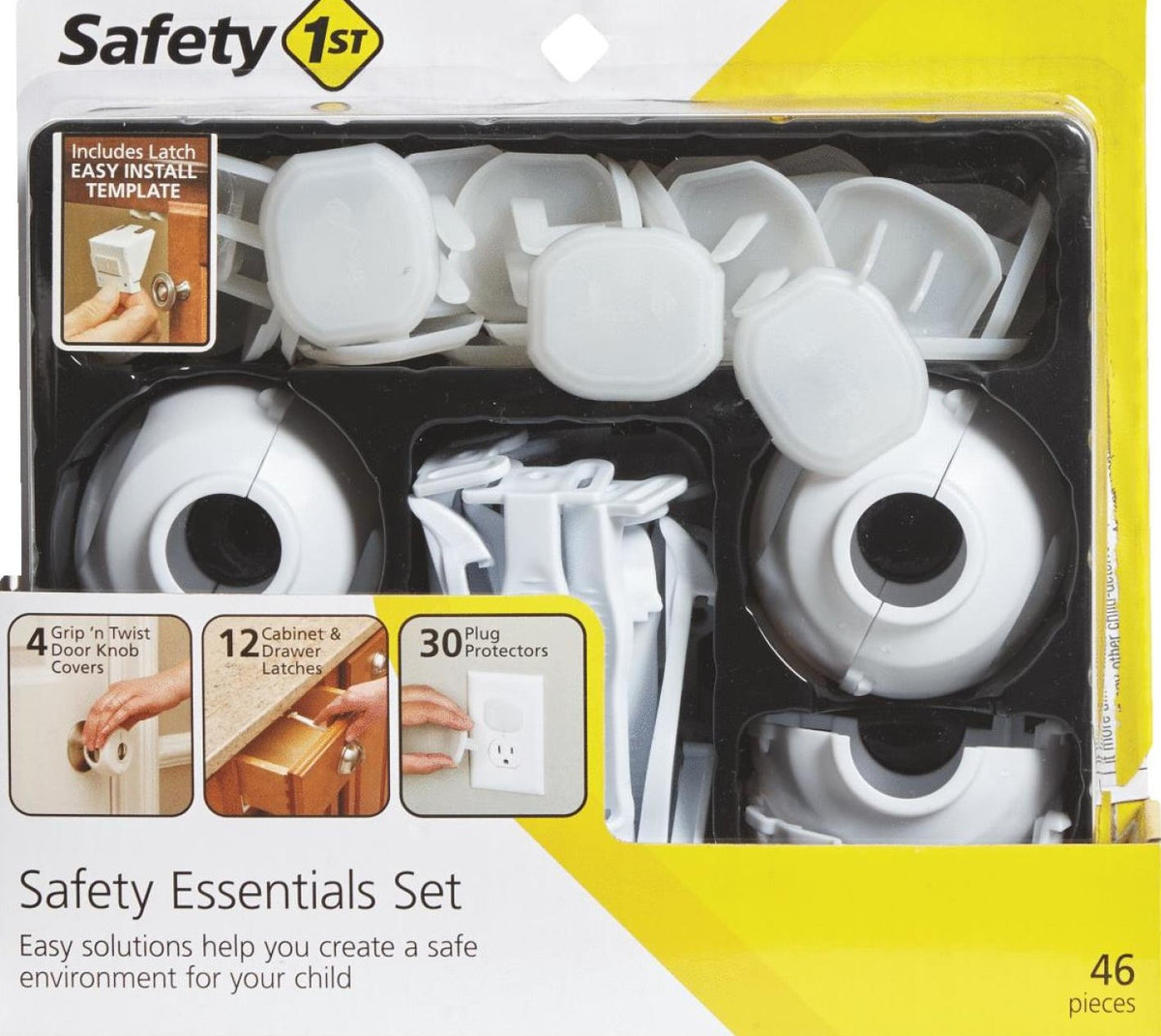 Child safety kit with door knob covers, cabinet latches, and outlet plug protectors for home improvement and locks