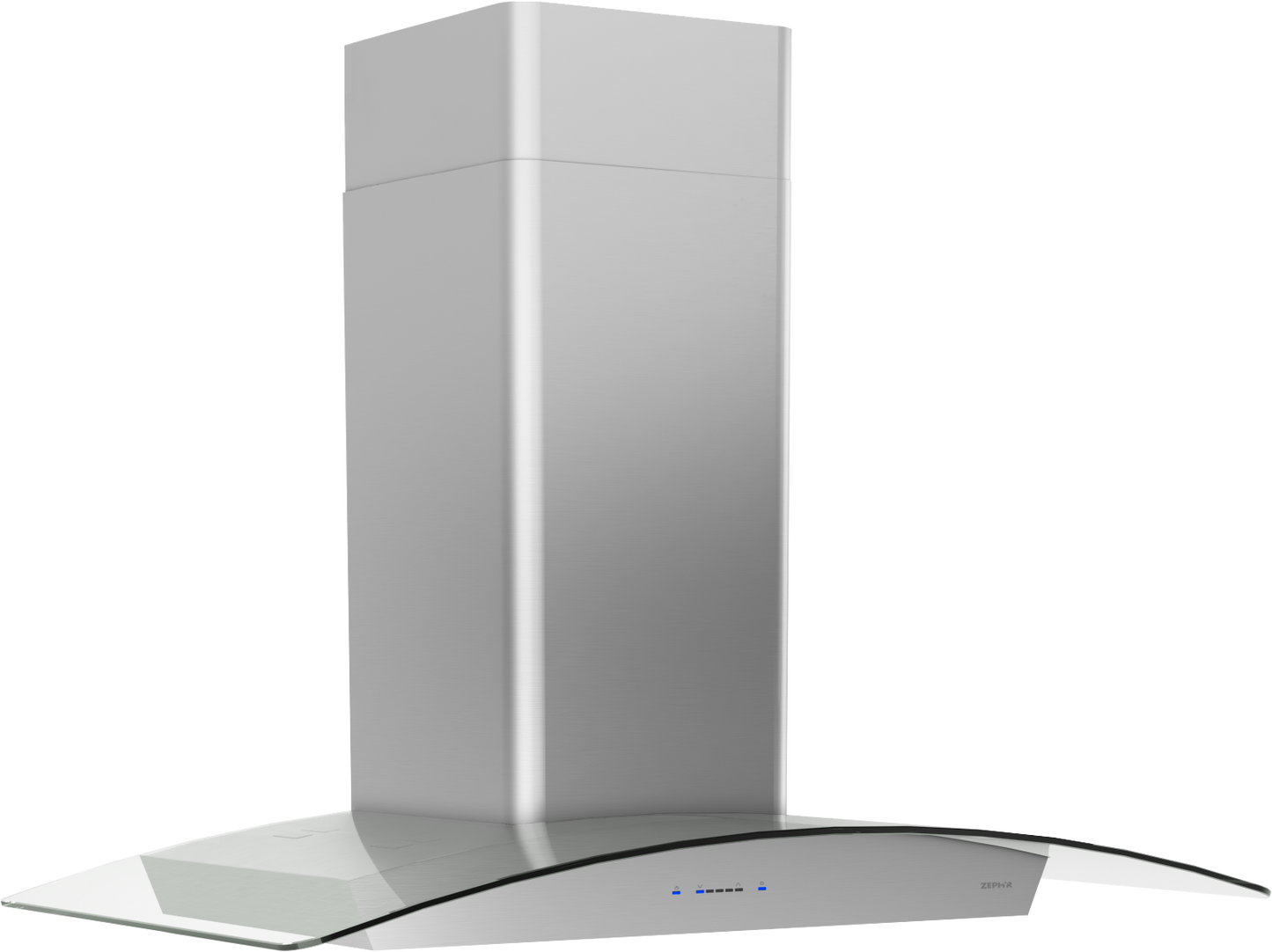 Modern stainless steel chimney hood with sleek curved glass canopy from Over the Range Hoods collection