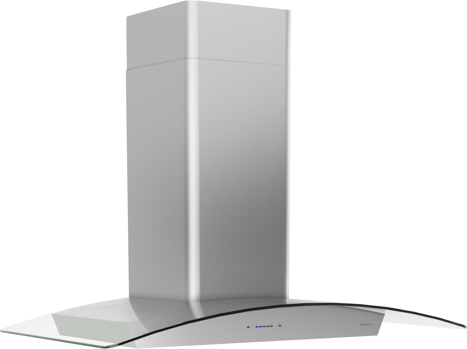 Modern stainless steel chimney hood with sleek curved glass canopy from Over the Range Hoods collection