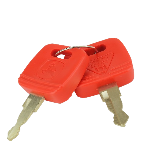 Set of two red ignition keys with metal blades for automotive and mechanic tool accessories collection