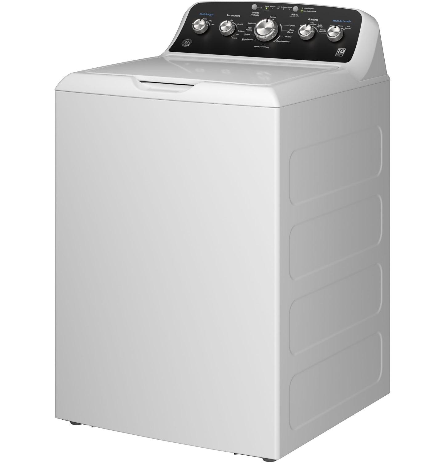 White top load washer with black control panel featuring Spanish labels and soak and power wash mode settings