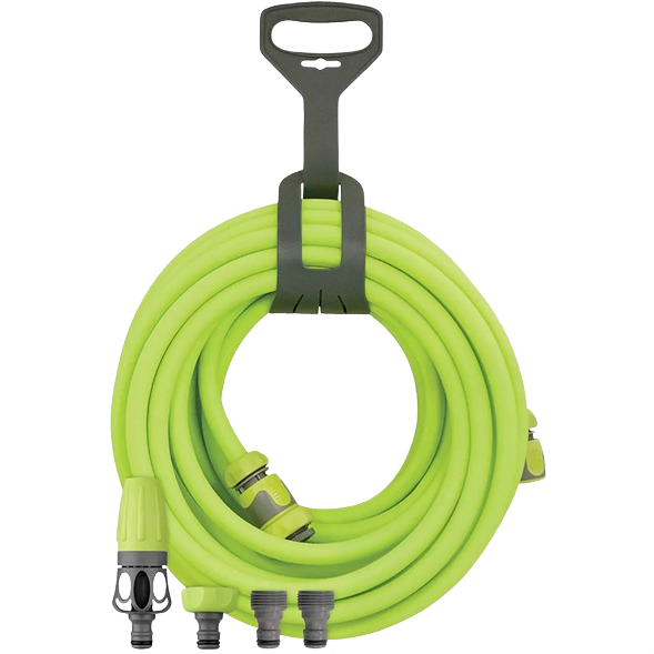 Coiled bright green garden hose with quick connect fittings and black carry handle in watering and irrigation tools collection