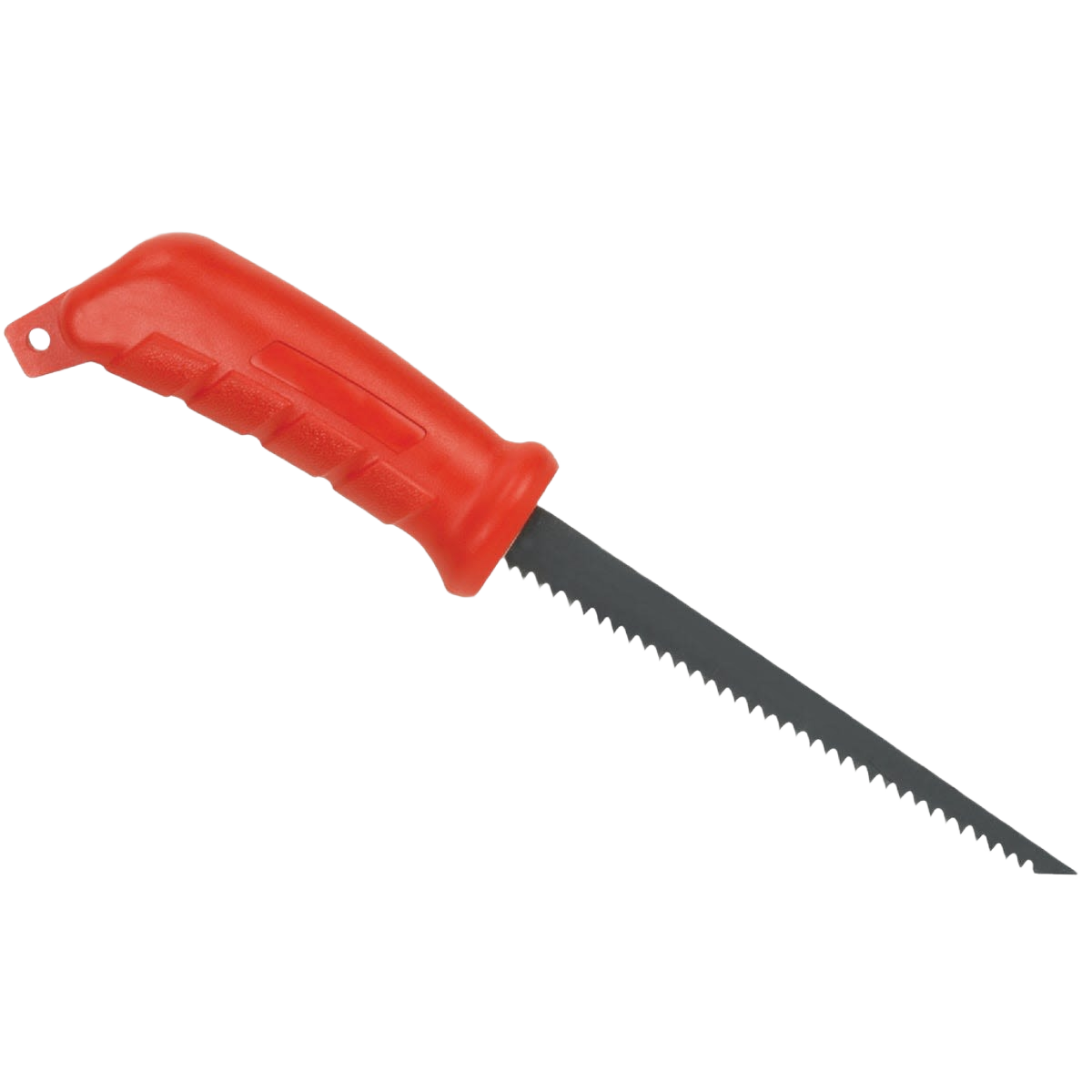 Red plastic handle drywall jab saw with pointed serrated blade for home improvement and drywall cutting tasks