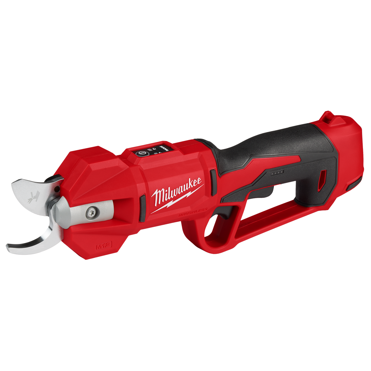 Red and black cordless brushless pruning shears for gardening and home improvement tasks with ergonomic grip and trigger control