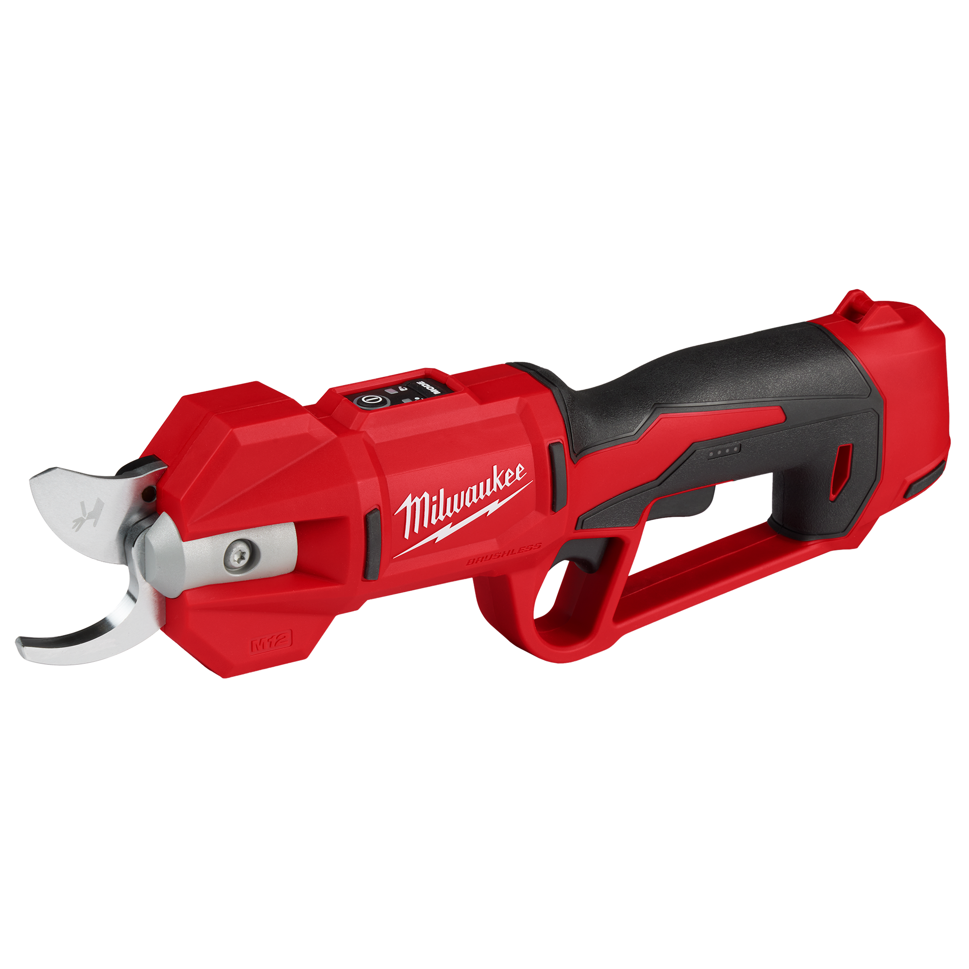 Red and black cordless brushless pruning shears for gardening and home improvement tasks with ergonomic grip and trigger control