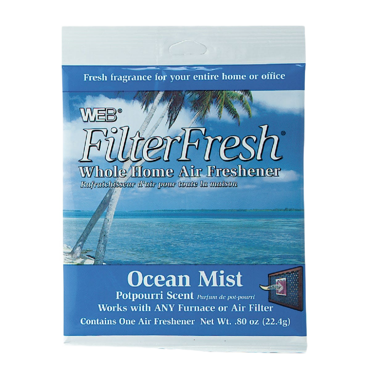 Blue packaging of Web FilterFresh ocean mist scented air freshener for home heating and cooling filters