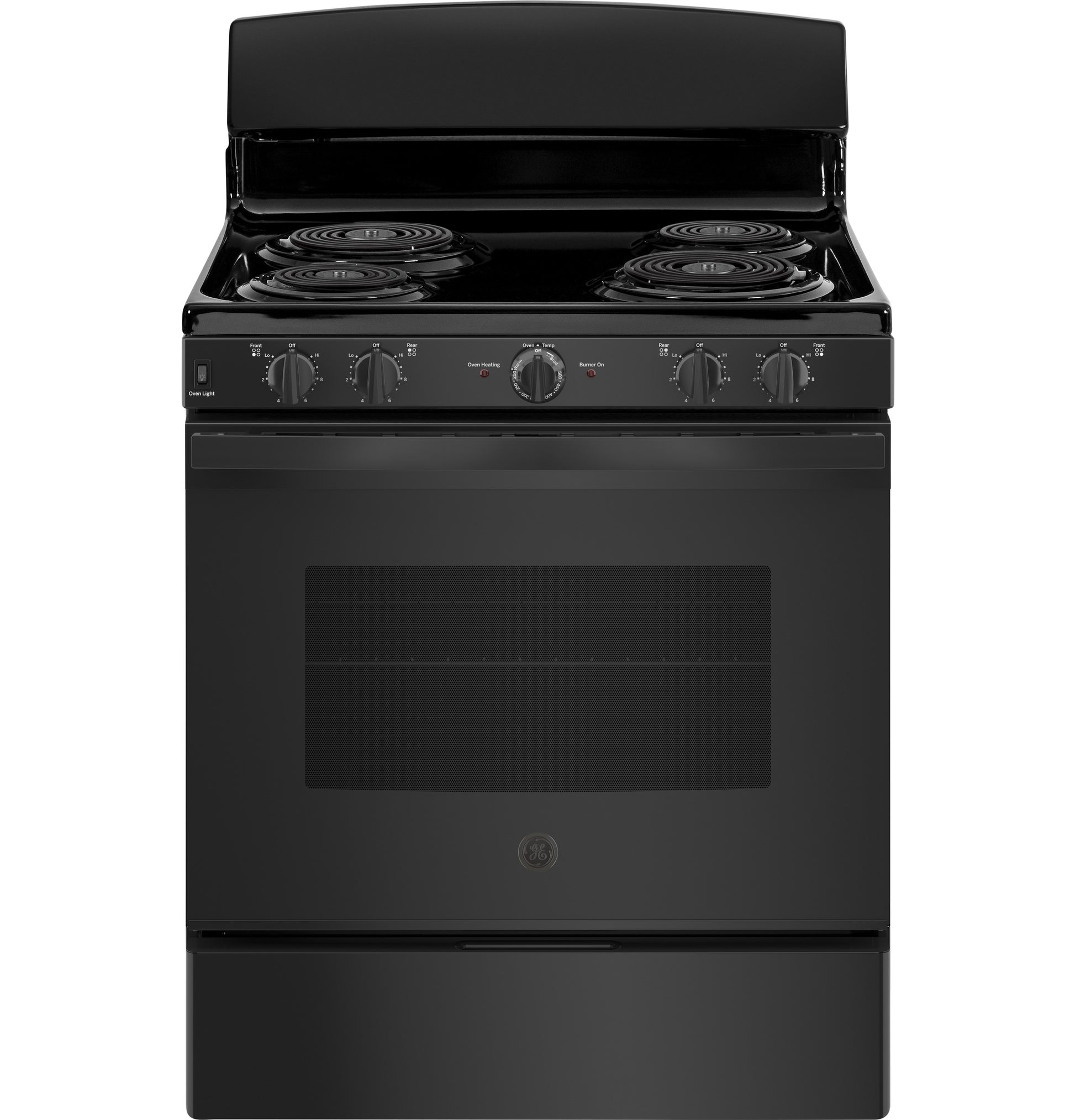 Black free-standing electric range with four coil burners and front control knobs in electric ranges collection