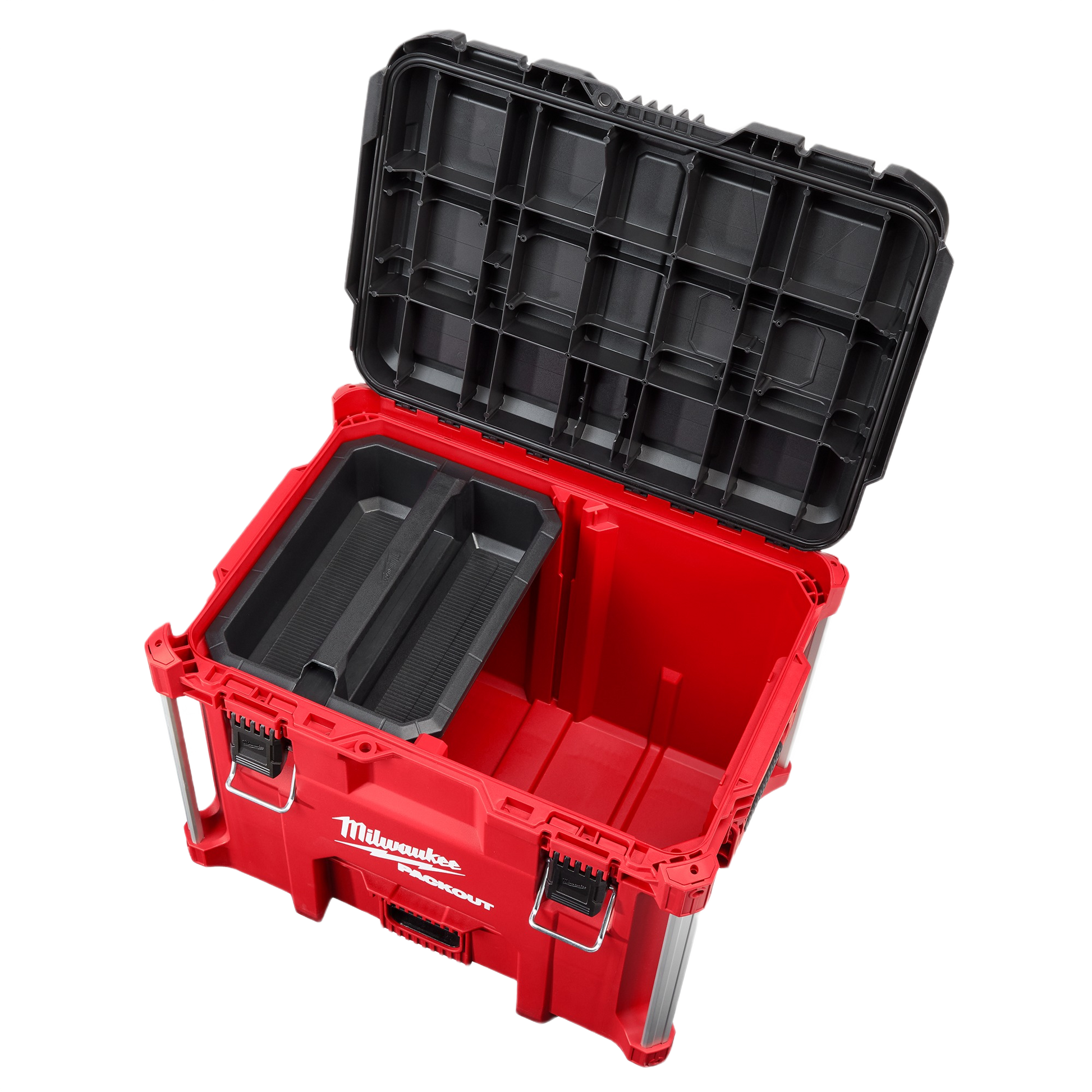 Red and black durable Milwaukee PACKOUT XL tool box with removable organizer tray for versatile tool storage solutions
