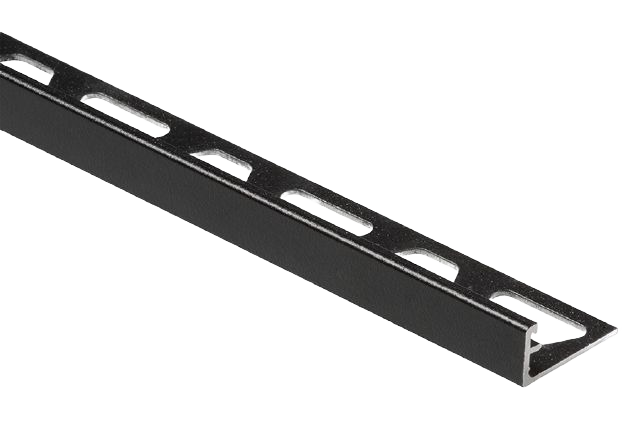 Matte black metal edge trim with perforated flange for tile installation in home improvement projects