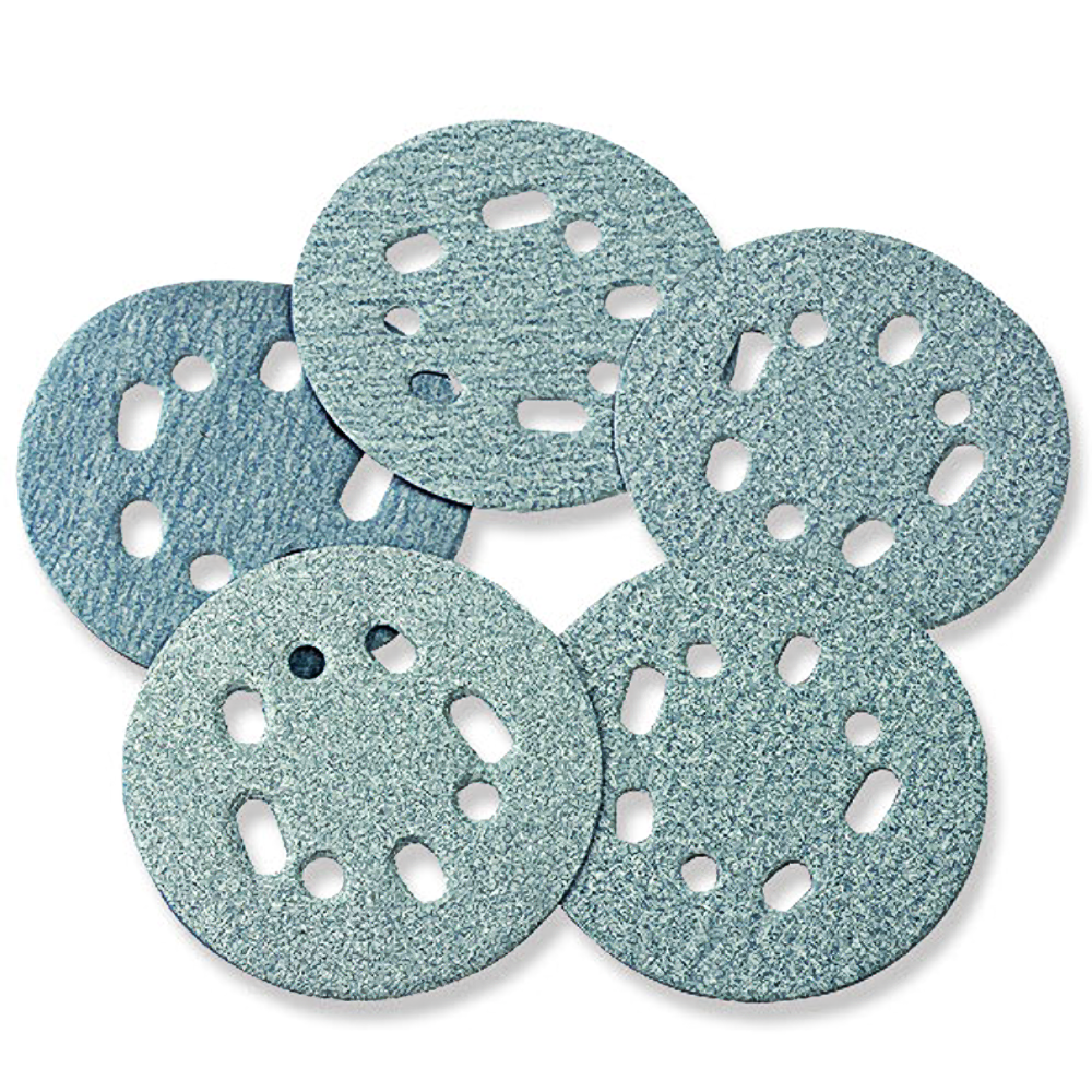 Set of 5 abrasive sanding discs with multiple holes for dust extraction in power tool accessories and abrasives collections