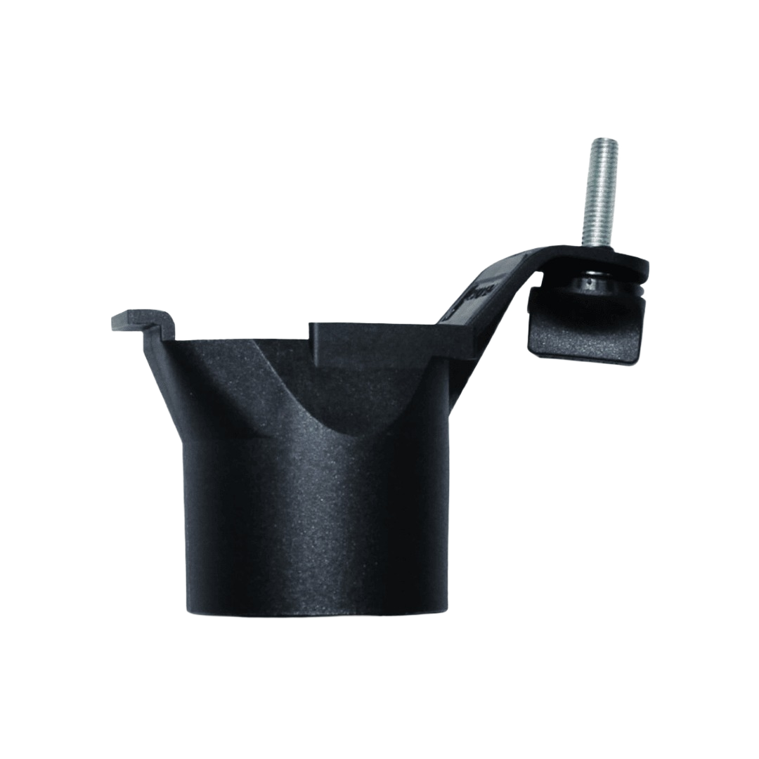 Black plastic planer dust port adapter with mounting screw for woodworking tool accessories and dust management systems