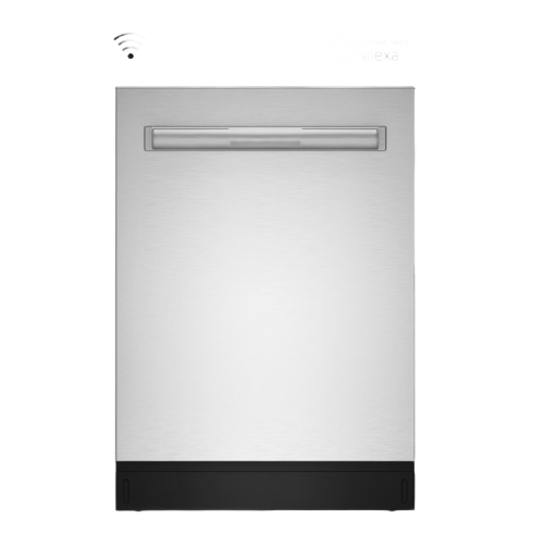 Front view of a stainless steel built-in dishwasher with top-mounted handle, black base panel, and smart home connectivity icons, part of Dishwashers, Built-in Dishwashers, Kitchen & Kitchenware, All Products, and Appliances collections.