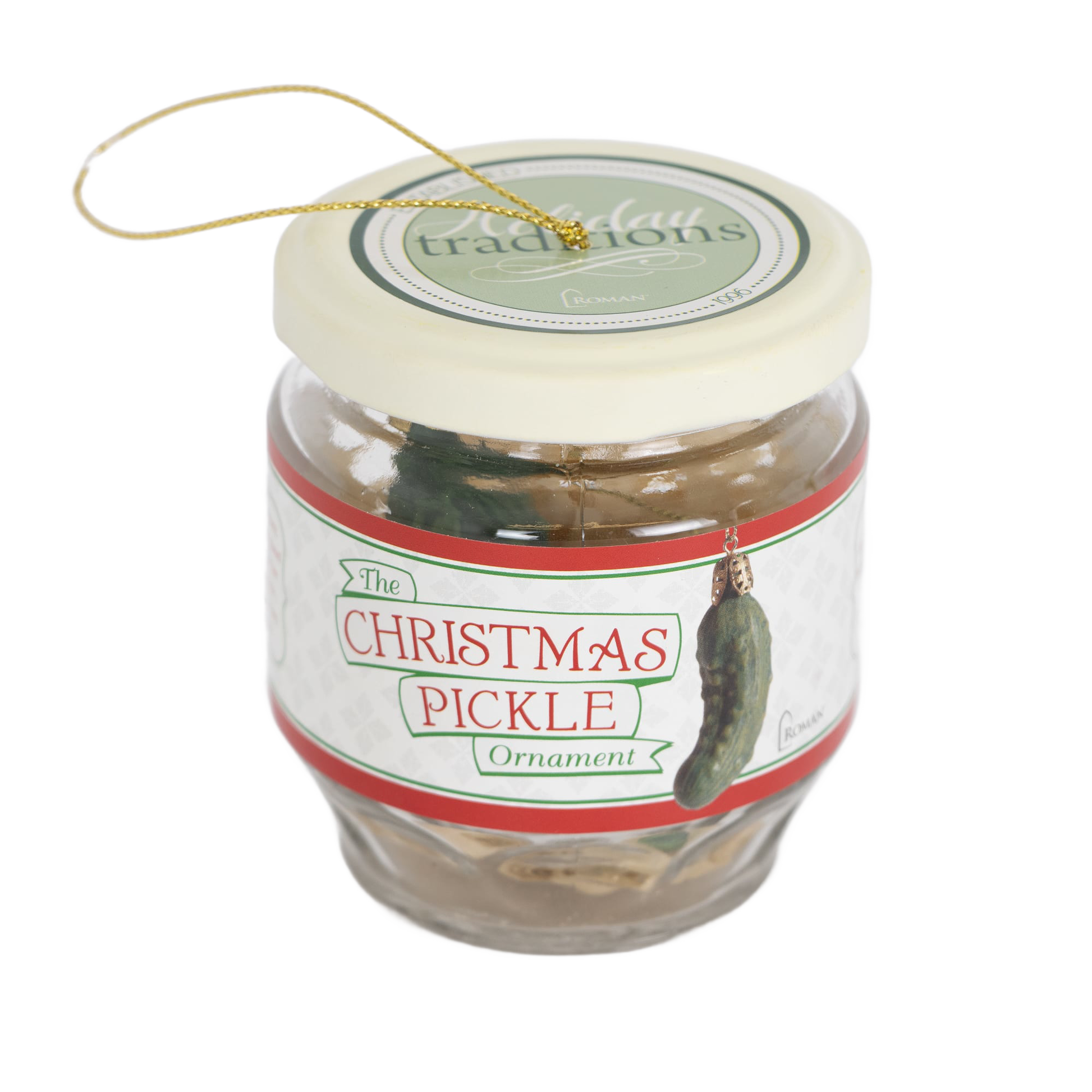 Glass jar with festive label holding a green pickle ornament and gold hanging string in holiday ornament collection