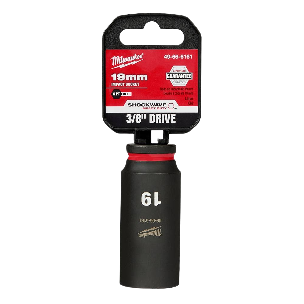 19mm deep 6-point impact socket with 3/8 inch drive, designed for heavy-duty hand tools and woodworking applications