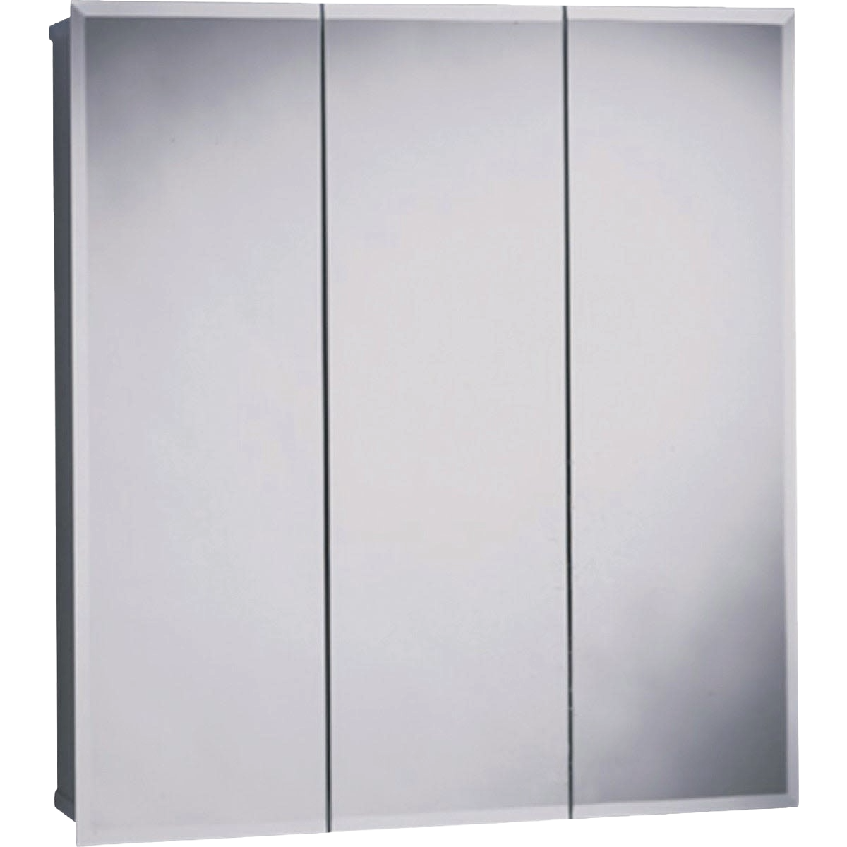 Frameless tri-view surface mount medicine cabinet with beveled mirrors for bathroom storage and organization.