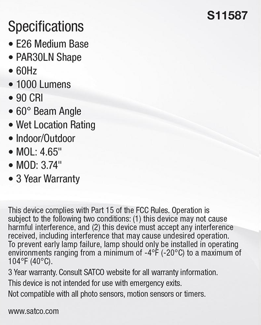 Specifications label for LED bulb listing base type, shape, lumens, beam angle, CRI, warranty, and indoor/outdoor rating details.