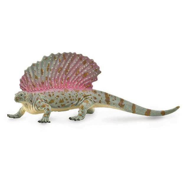 Gray and pink dinosaur figurine with detailed textured skin and striped tail on a white background