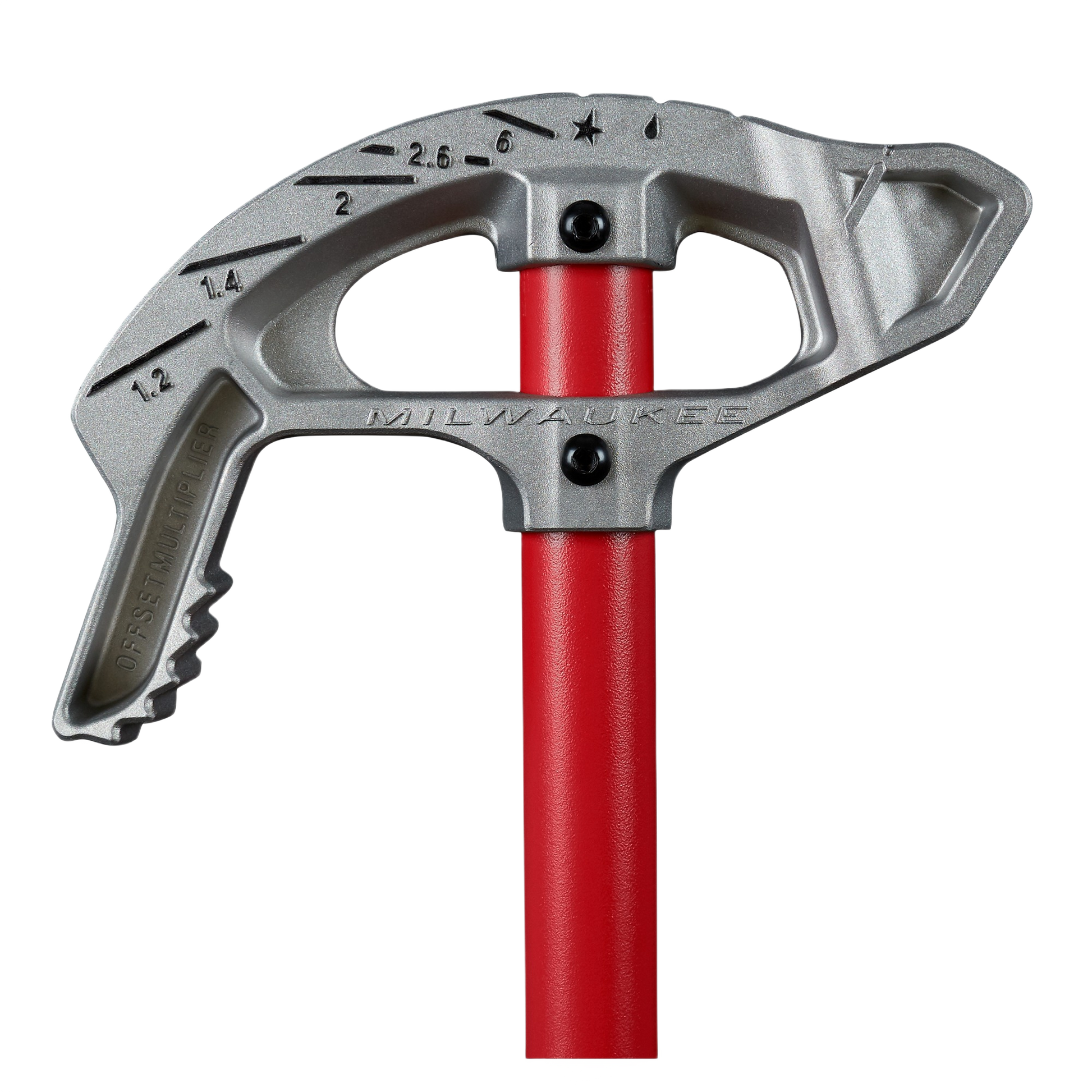 Red-handled aluminum bender with precise angle markings for shaping 3/4-inch EMT conduit in home improvement projects