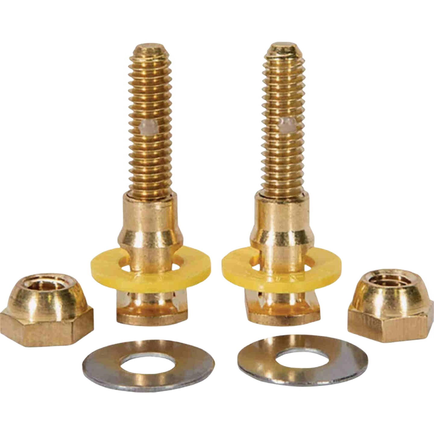Two brass adjustable toilet bolts with nuts and washers for plumbing repair and home improvement projects
