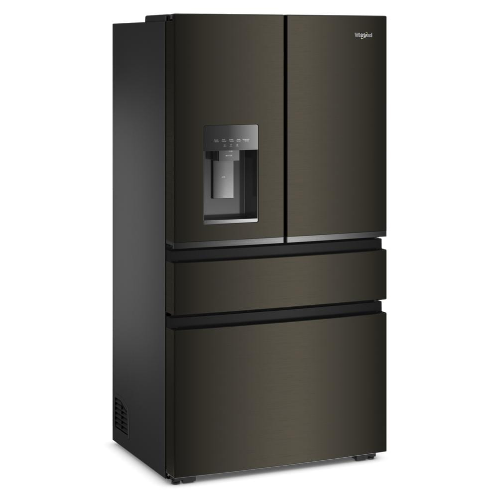 36-inch wide black Whirlpool 4-door French door refrigerator with external filtered water dispenser and spacious bottom drawers, part of Refrigerators and Kitchen & Kitchenware at Hartville Hardware.