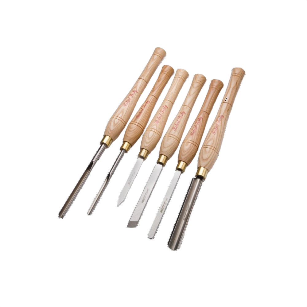 Set of six woodturning hand tools with polished wooden handles and steel blades for woodworking projects