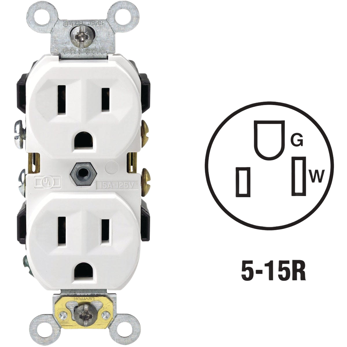White commercial grade duplex electrical outlet with metal mounting brackets for home improvement and tools projects