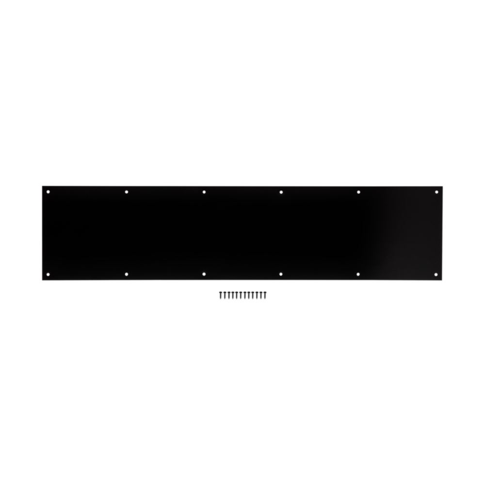 Matte black aluminum kickplate with pre-drilled holes and mounting screws for door protection in home improvement tools