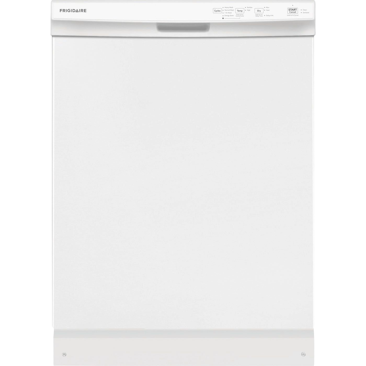 White built-in dishwasher with simple control panel and handle designed for modern kitchen appliances and home improvement.