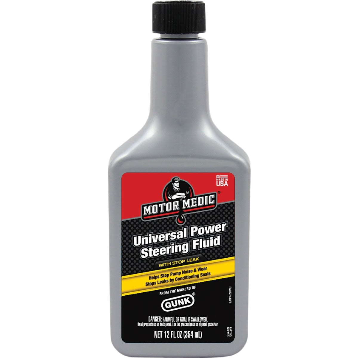 Gray 12-ounce bottle of Motormedic power steering fluid with stop leak for automotive maintenance and repair tasks