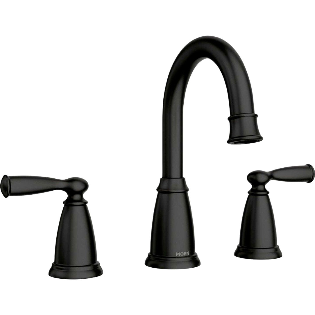 Matte black widespread bathroom faucet with two handles and high arc spout for bathroom plumbing and fixtures collection