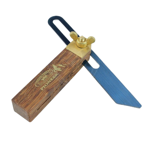 Miniature sliding bevel with wooden handle and brass wing nut for angle measurement in woodworking tools collection