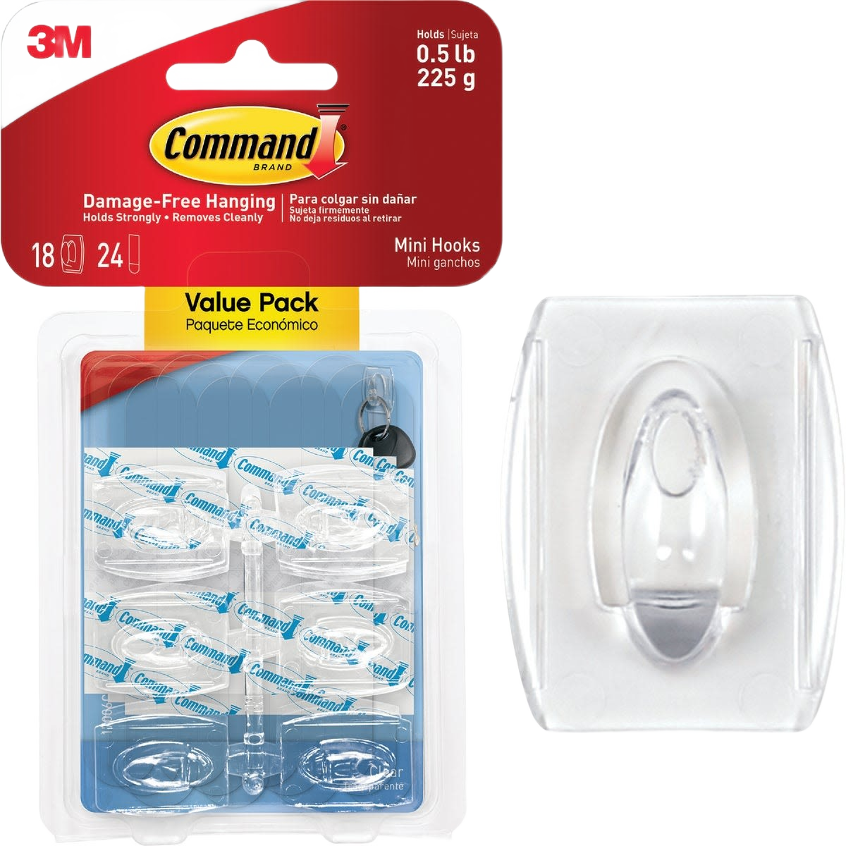 Clear mini adhesive hooks in 18-pack for damage-free hanging in hardware, fasteners, and home improvement collections under $50