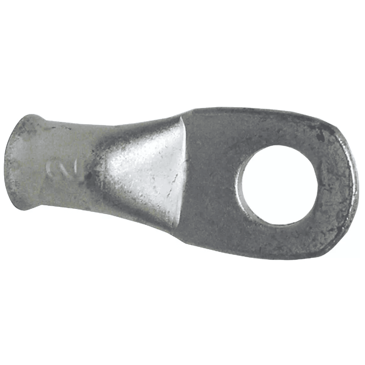 Heavy-duty metal wire lug with a wide circular connector end for secure electrical cable fastening in home improvement tasks