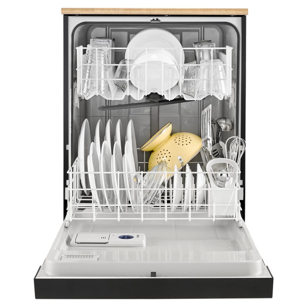 Open heavy-duty dishwasher loading with clean dishes, glassware, and utensils from kitchen and appliances collection