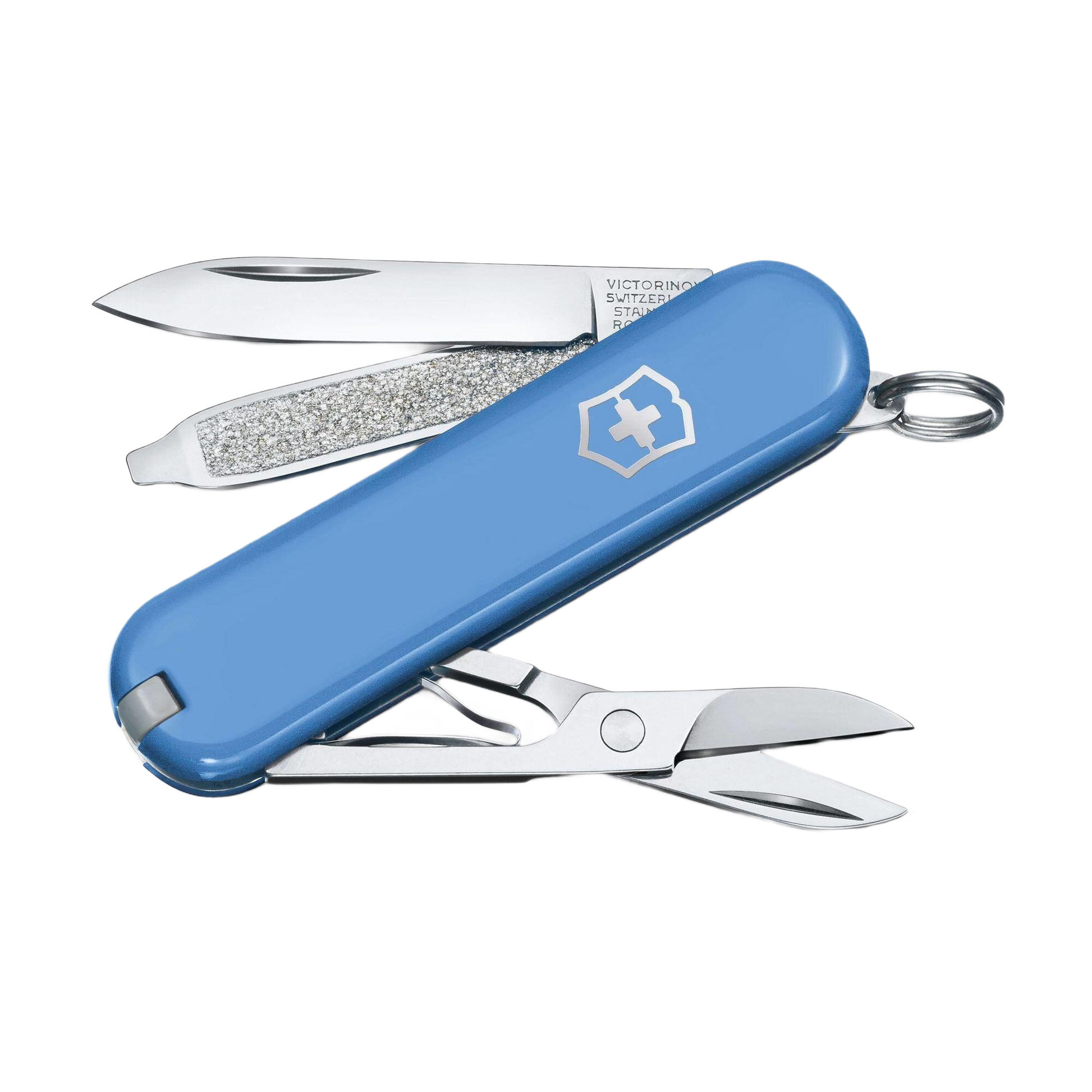 Compact blue multi-tool pocket knife featuring blades, nail file, and scissors for everyday home improvement tasks