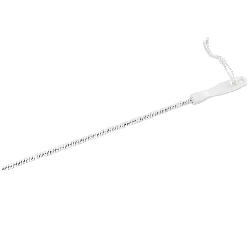 Long slender cleaning brush with twisted wire bristles and hanging loop for hair and sink overflow cleaning tools.