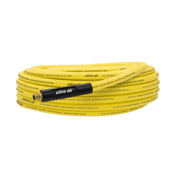 Yellow hybrid air hose with brass fittings for flexible use in air tools and home improvement collections under $100