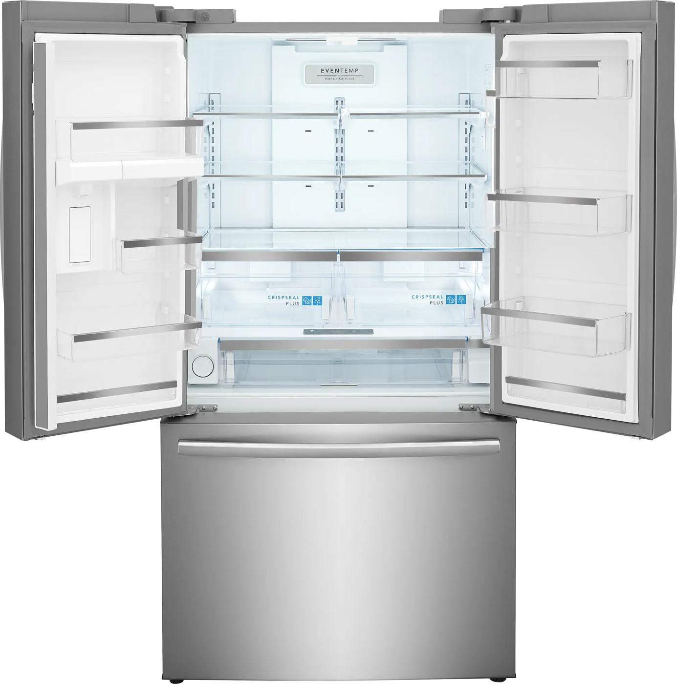 Open stainless steel counter-depth French door refrigerator with adjustable shelves and clear crispers in kitchen appliances collection