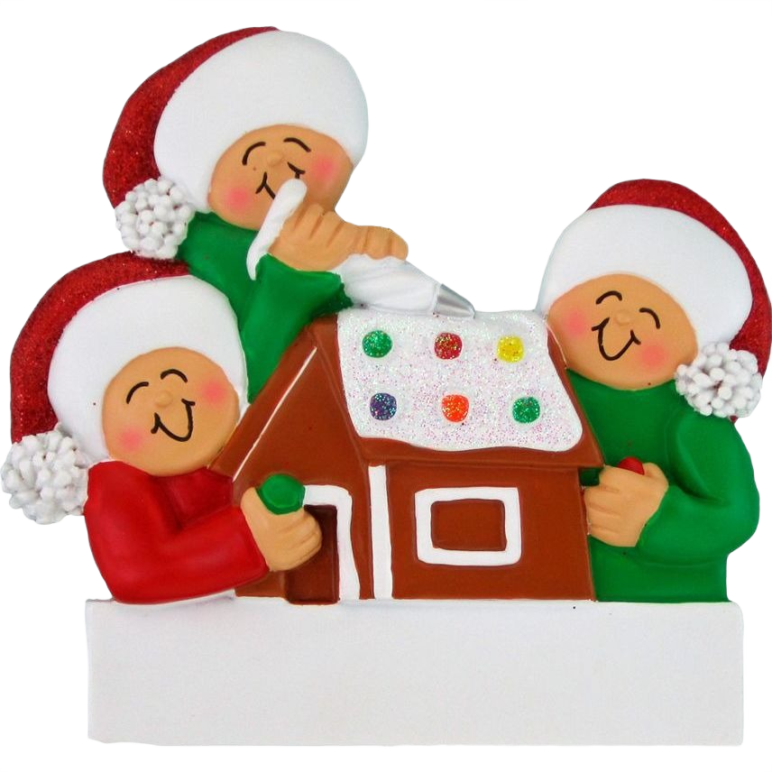Three cheerful gingerbread figures wearing Santa hats building a decorated gingerbread house for Christmas decor under $50 collection