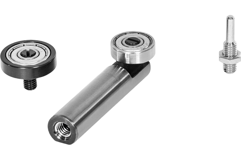 Metal scanning set components with precision bearings for accurate routing and copying in home improvement tools.