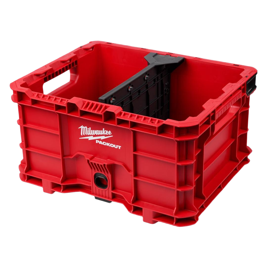Red rugged storage crate with black adjustable divider for tool organization in workshop and jobsite storage systems