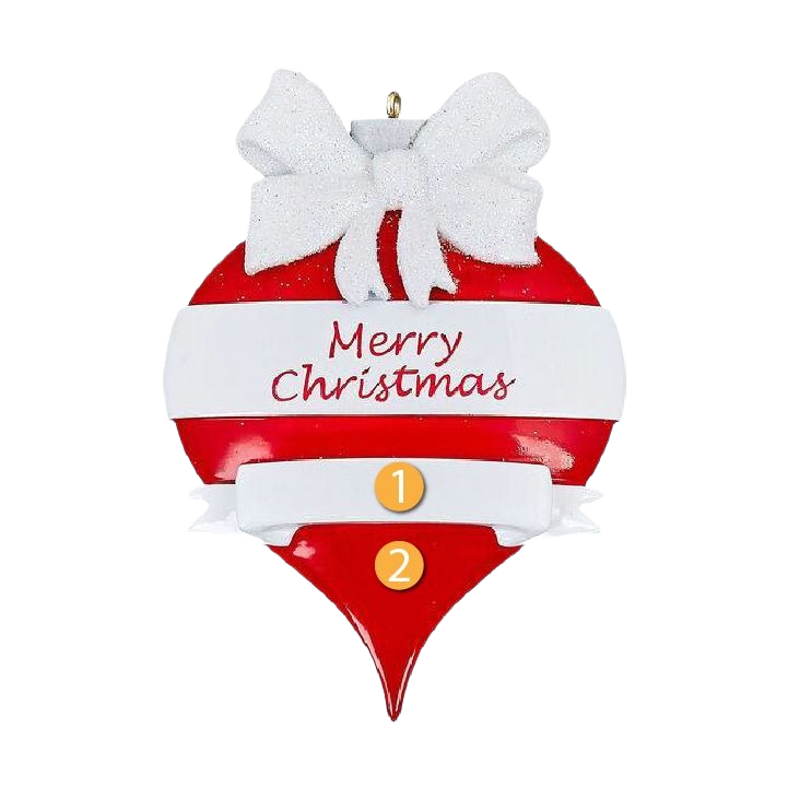 Red and white teardrop ornament with Merry Christmas text and white bow, festive holiday decoration under $50