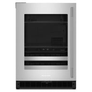 24-inch KitchenAid undercounter beverage center with glass door, metal racks, and dual temperature zones in appliances collection