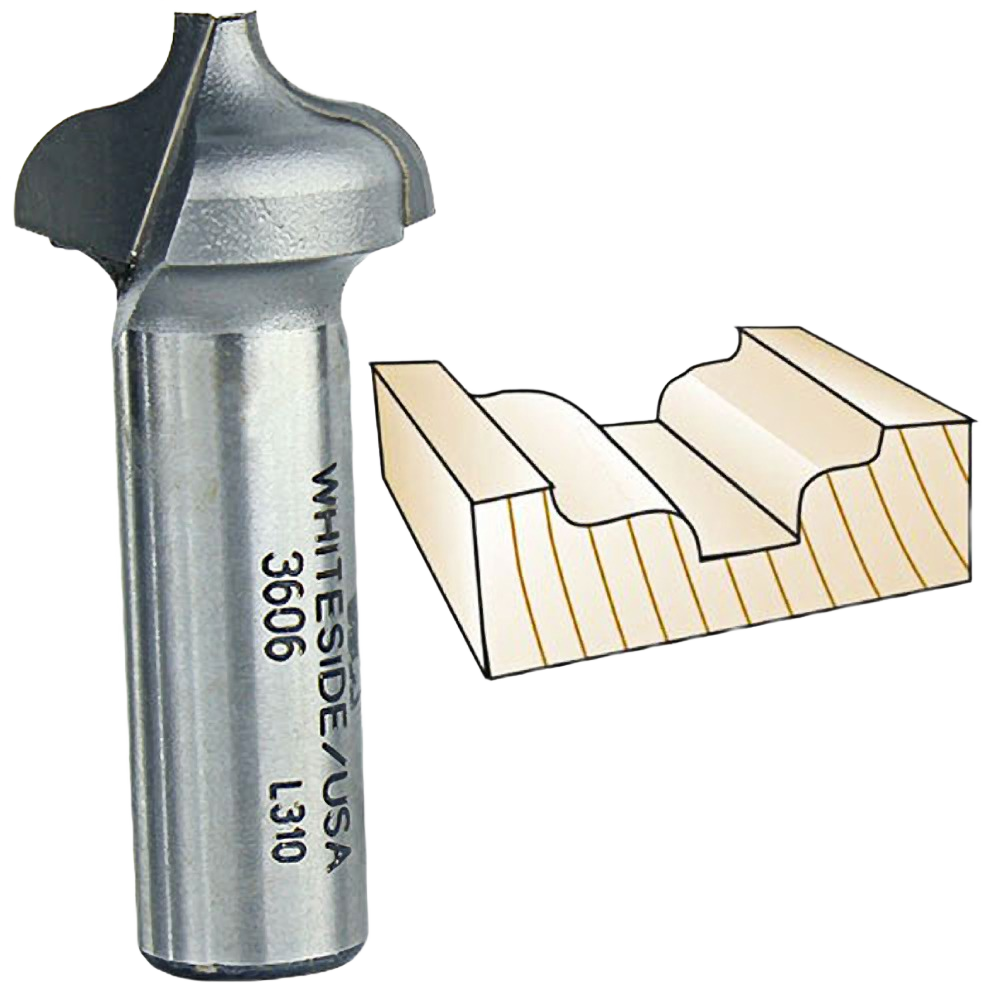 Plunge ogee router bit with steel shank and wood profile sample for woodworking and home improvement tools