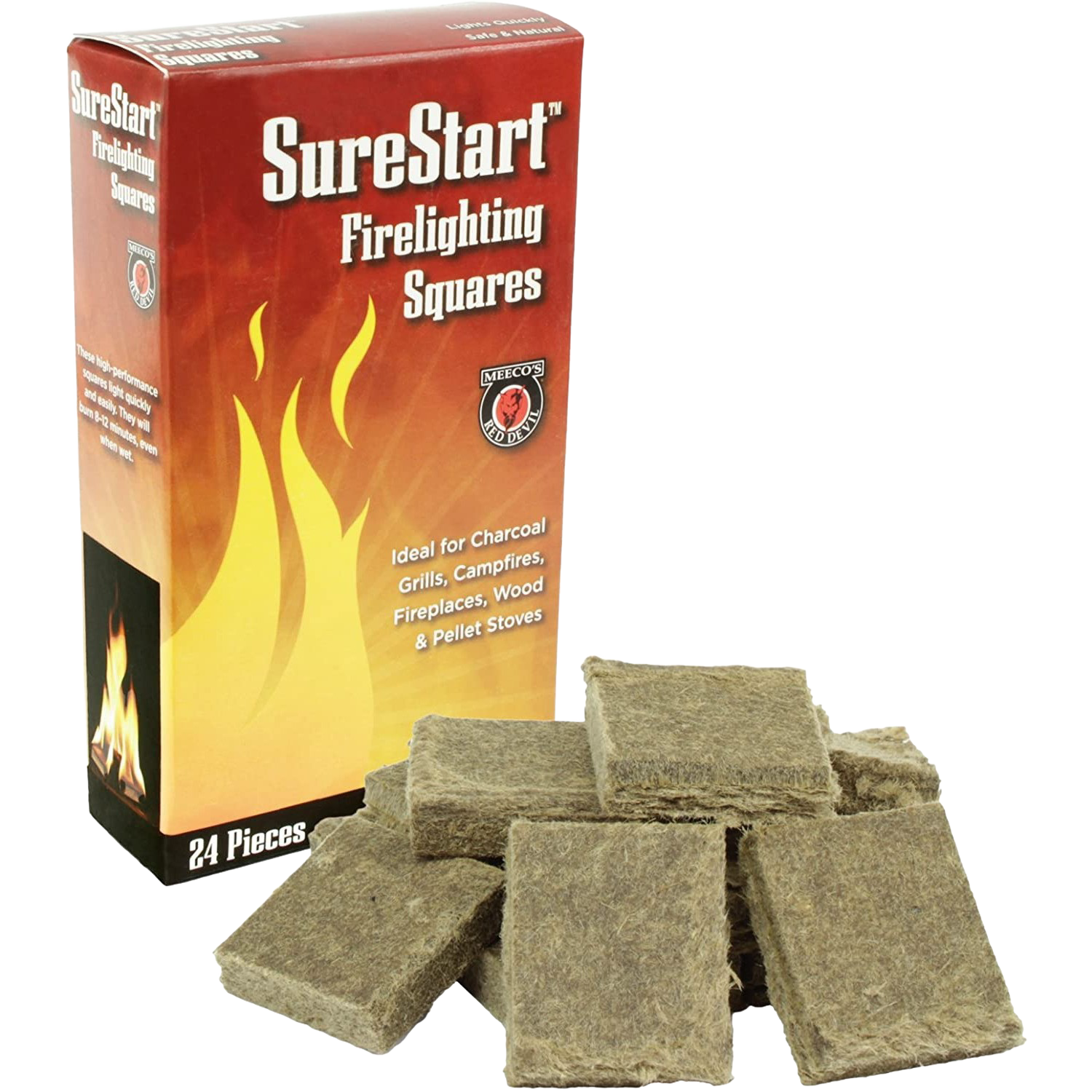 Box of firelighting squares with 24 compressed wood and fiber wax pieces for outdoor living and lawn and garden use