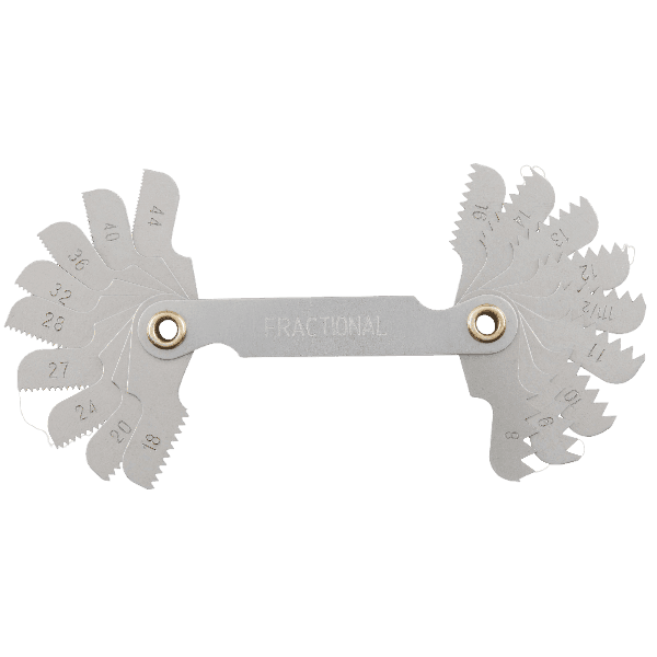 Metal thread gauge with foldable leaves for measuring SAE thread sizes in power tool accessories and drill bits collections