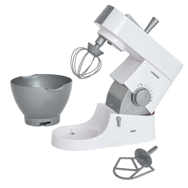 White and gray stand mixer with detachable mixing bowl and interchangeable beaters for kitchen use